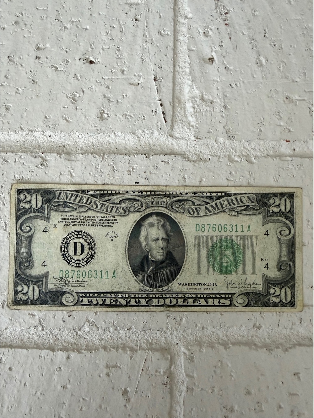 Vintage United States $20 Bill Featuring Andrew Jackson
